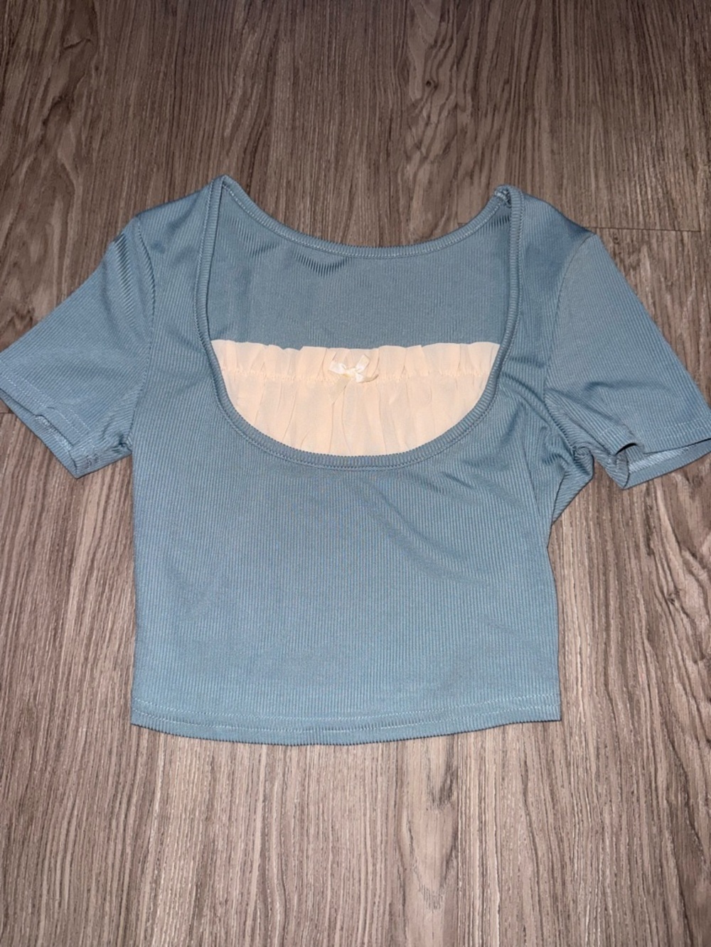 Blue Scoop Neck Ribbed Crop Top with Ivory Trim
